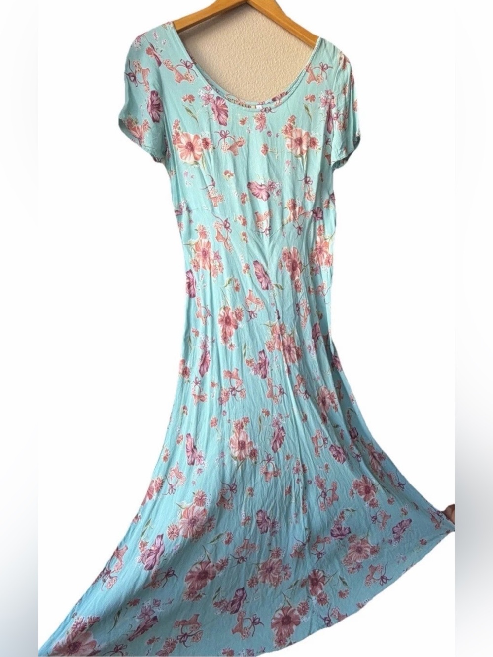 90s Vintage T.T. MAR Floral A-Line Maxi Dress Light Blue Pink L Flutter Sleeve